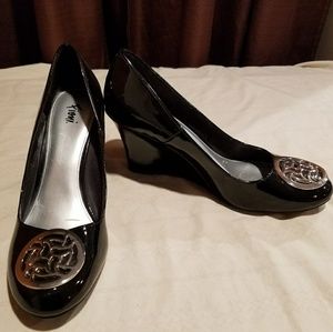 Fioni Black Patent Leather Wedges - Size 10